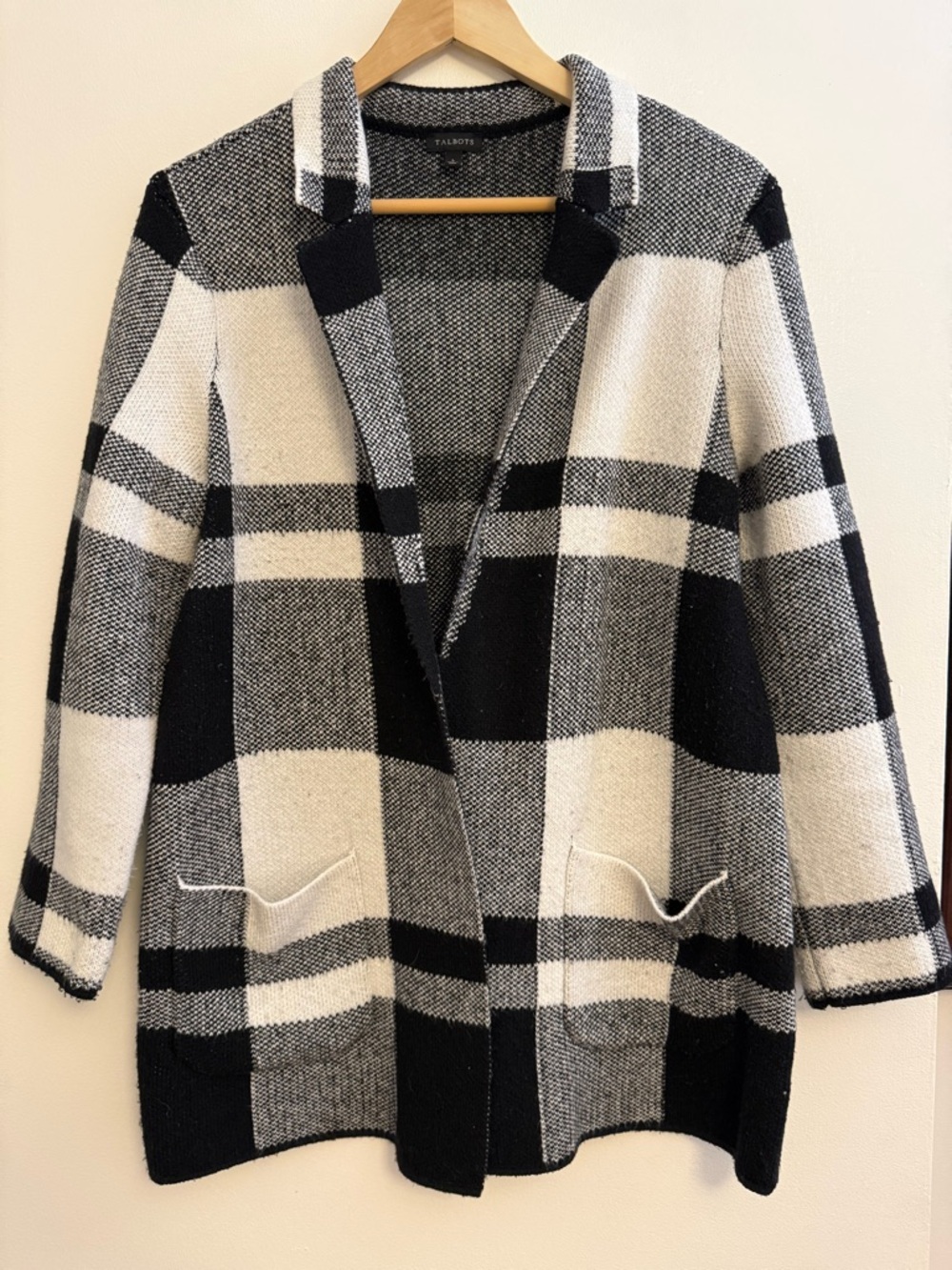 Talbots Black and White Knit Open Cardigan